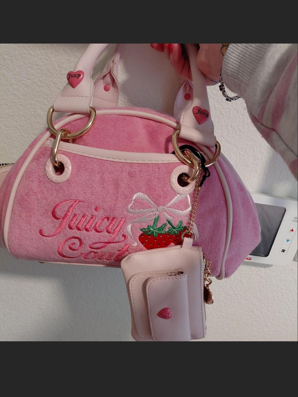 Juicy Couture Pink Velour Strawberry Satchel with Pouch